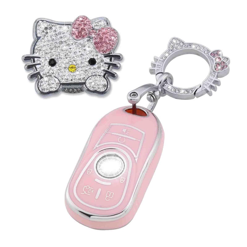 Pangpai Pink Car Accessories 3 Pcs for Buick Encore Enclave Lacrosse Envision Verano Regal GL8 Key Fob Cover with Bling Keychain Cute Push to Start Button Cover - Image 1